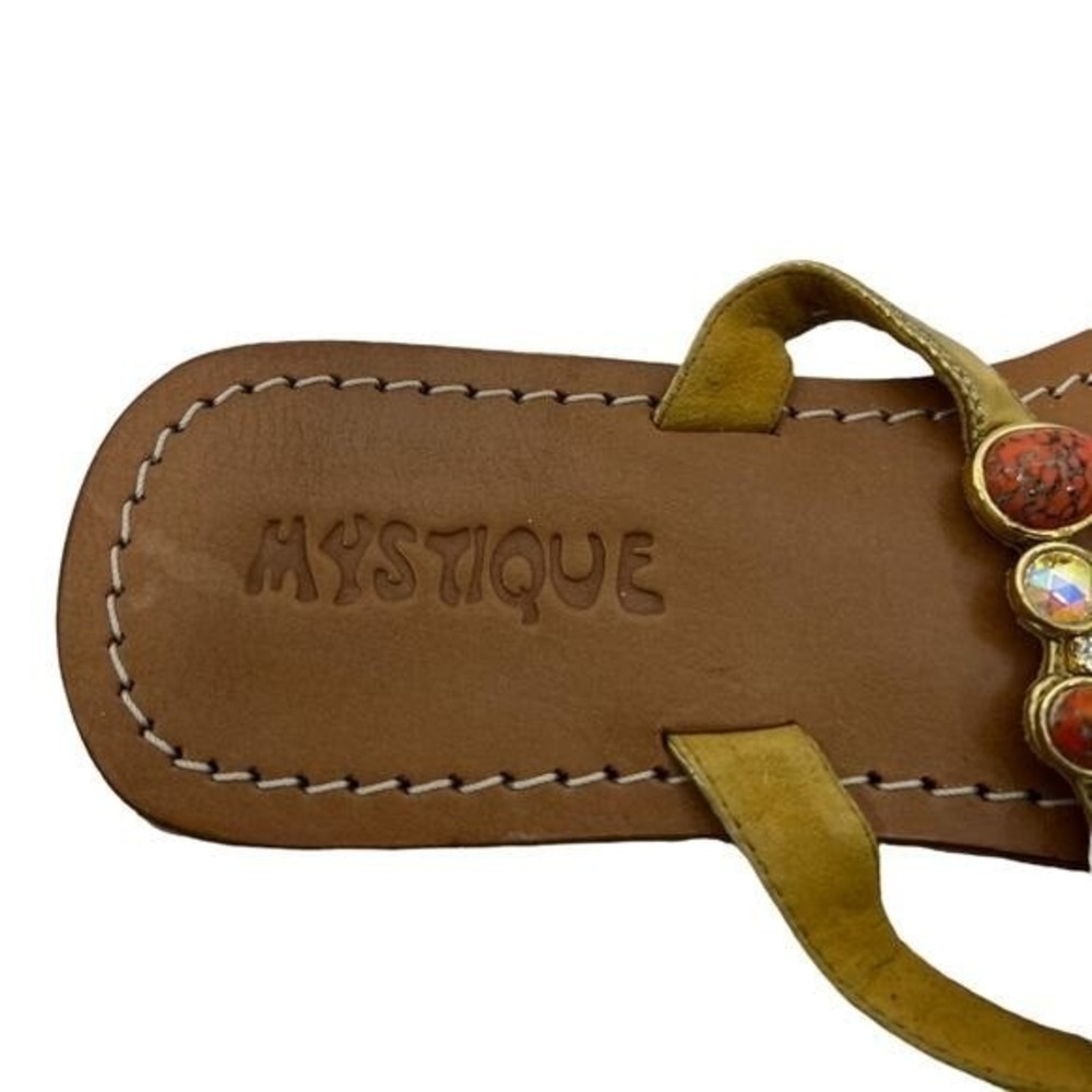 Mystique Gold Leather Jeweled Thong Sandals Orange Faux Turquoise Crystal Flat - Picture 9 of 11